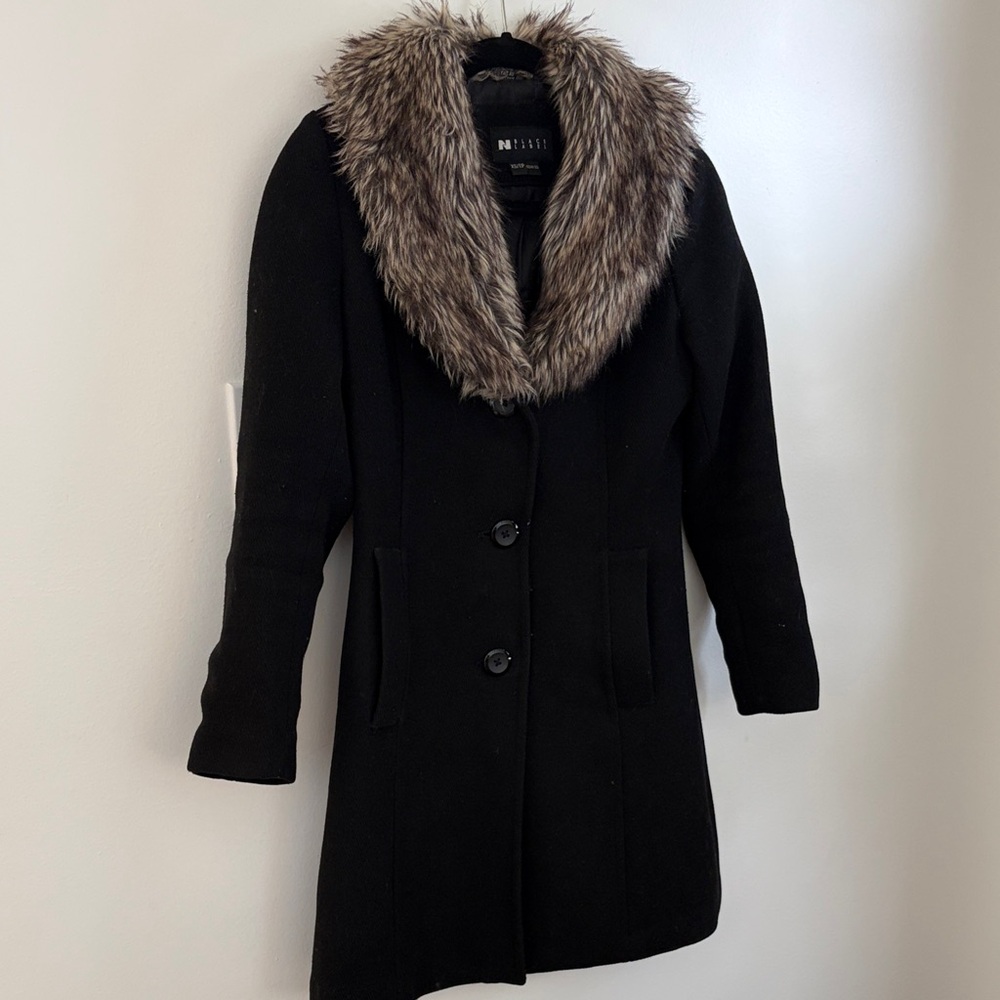 Nine West Black Trench Coat with Faux Fur Collar
